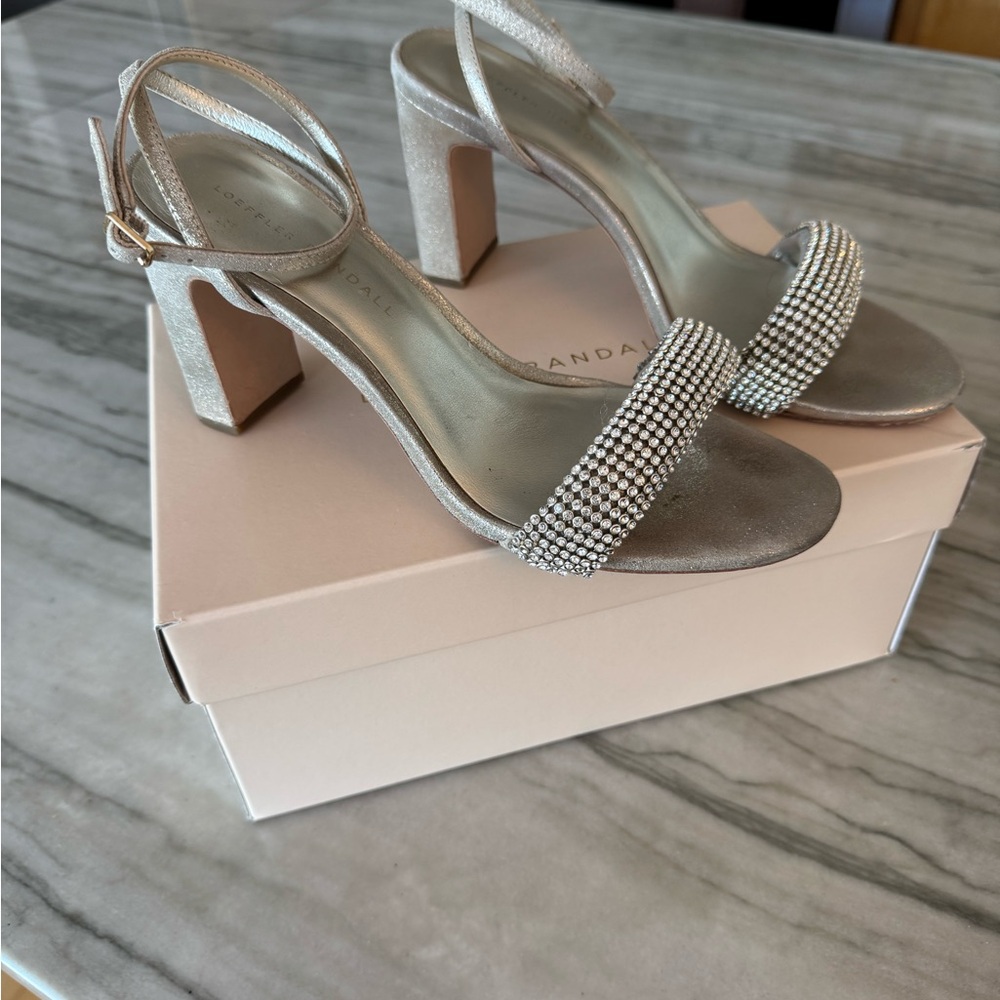 Loeffler Randal Shay Crystal Metallic Gold Sandal Heels - Size 7.5
